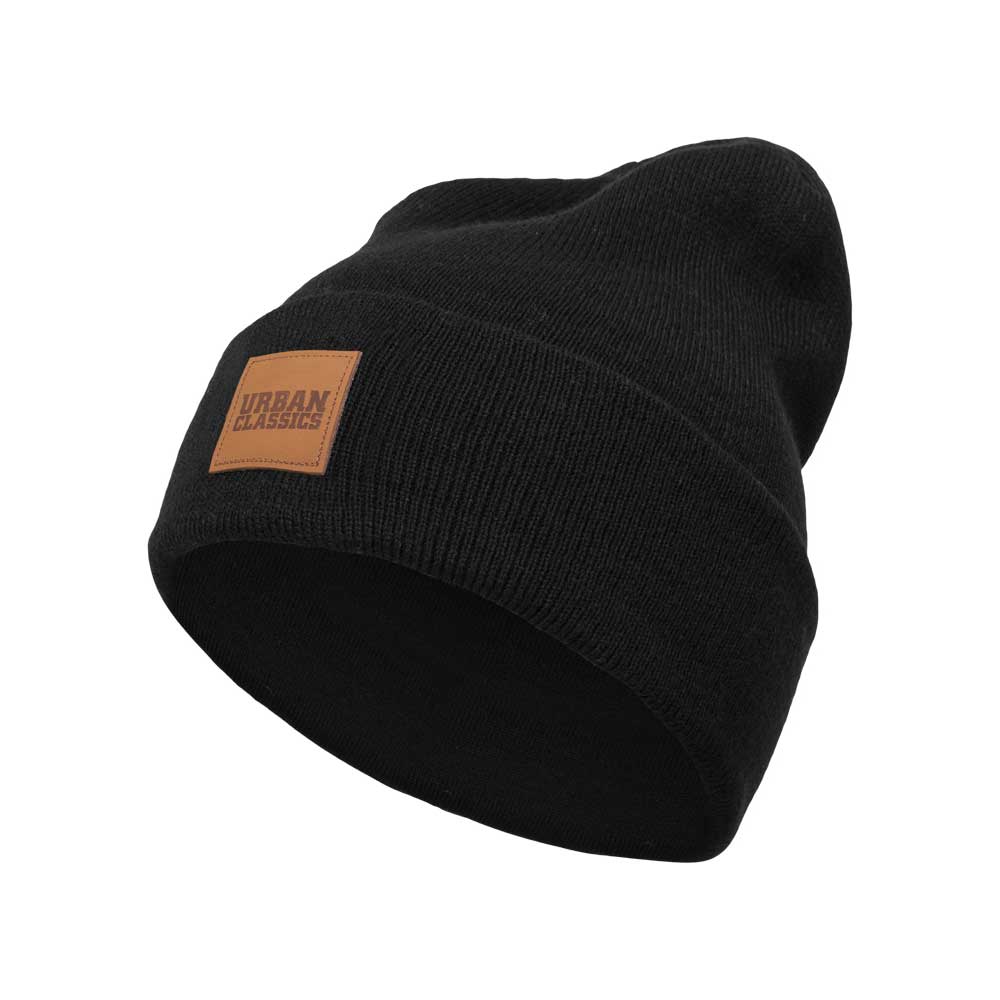 Urban Classics - Leatherpatch Long Mütze Beanie - Schwarz